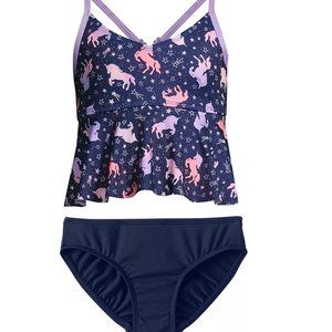🆕 Lands' End Navy Brief Unicorn Ruffle Tankini 2 PC Big Girls SZ 14